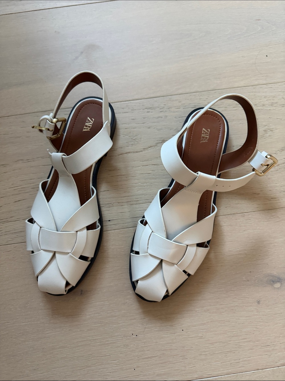 Zara Cream Woven Leather Ankle-Strap Sandals